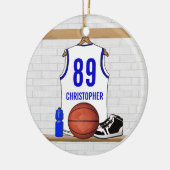 Personalisiert White and Blue Basketball Jersey Keramikornament (Links)