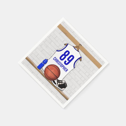 Personalisiert White and Blue Basketball Jersey Serviette (Ecke)