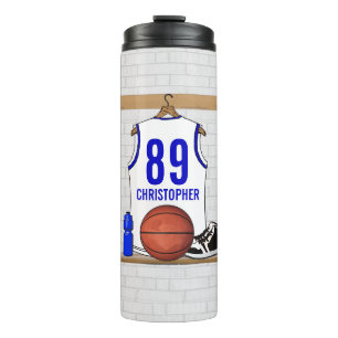 Personalisiert White and Blue Basketball Jersey Thermosbecher