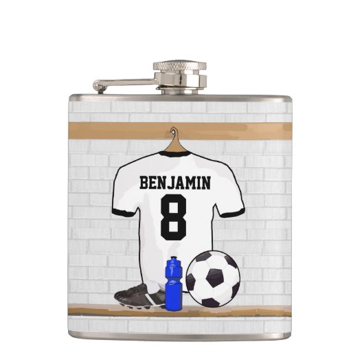Personalisiert White Black Football Soccer Jersey Flachmann (Vorderseite)