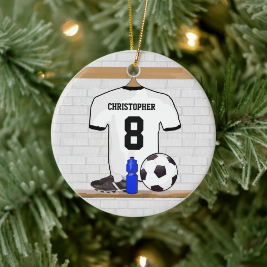 Personalisiert White Black Football Soccer Jersey Keramikornament (Baum)