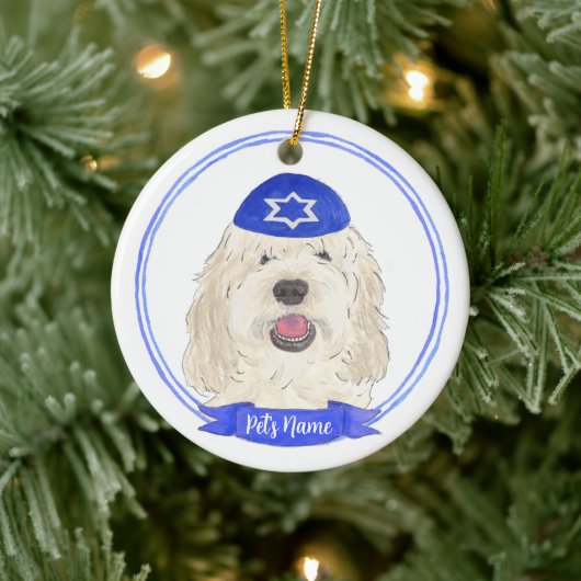 Personalisiert White Cream Doodle Dog Hanukkah Keramik Ornament (Baum)