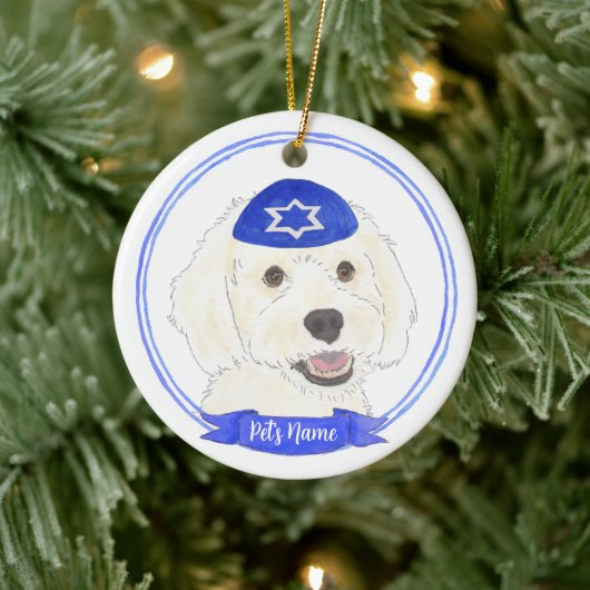 Personalisiert White Doodle Dog Hanukkah Keramik Ornament (Baum)