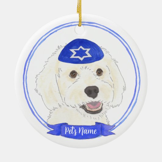 Personalisiert White Doodle Dog Hanukkah Keramik Ornament (Hinten)