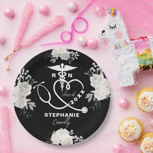 Personalisiert White Floral RN Nuragel School Grad Pappteller (Party)