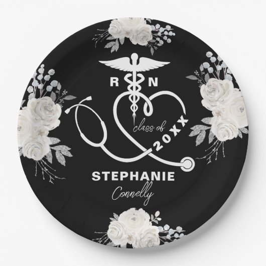 Personalisiert White Floral RN Nuragel School Grad Pappteller (Vorderseite)