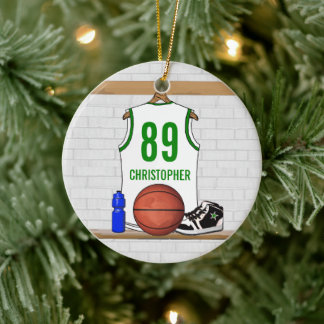 Personalisiert White Green Basketball Jersey Keramik Ornament