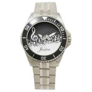 Personalisiert White Jumbled Musical Notes on Blac Armbanduhr
