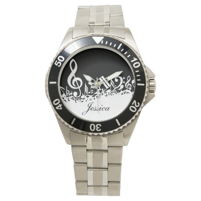 Personalisiert White Jumbled Musical Notes on Blac Armbanduhr (Vorderseite)
