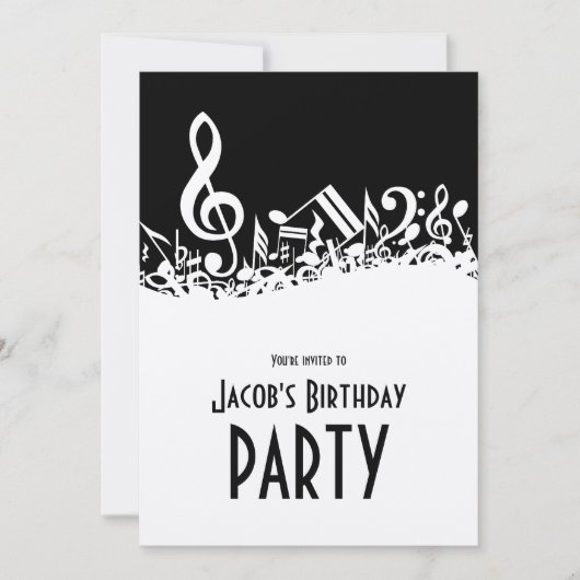 Personalisiert White Jumbled Musical Notes on Blac Einladung (Vorderseite)