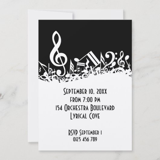 Personalisiert White Jumbled Musical Notes on Blac Einladung (Rückseite)