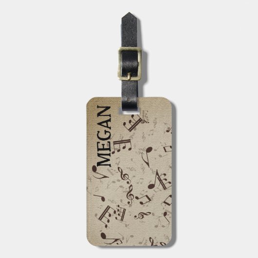 Personalisiert White Jumbled Musical Notes on Blac Gepäckanhänger (Vorderseite vertikal)