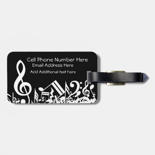 Personalisiert White Jumbled Musical Notes on Blac Gepäckanhänger (Rückseite horizontal)