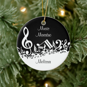 Personalisiert White Jumbled Musical Notes on Blac Keramikornament