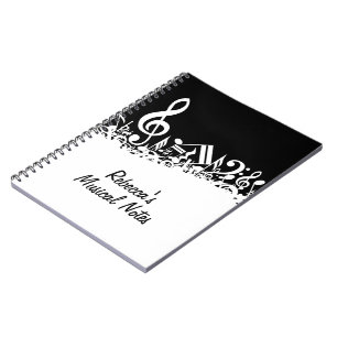 Personalisiert White Jumbled Musical Notes on Blac Notizblock