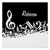 Personalisiert White Jumbled Musical Notes on Blac Poster (Vorderseite)