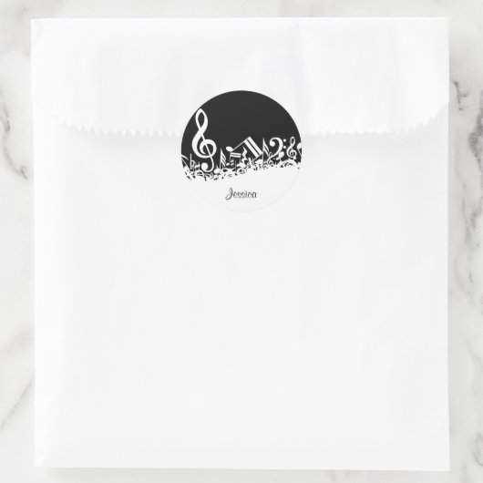 Personalisiert White Jumbled Musical Notes on Blac Runder Aufkleber (Tasche)