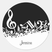 Personalisiert White Jumbled Musical Notes on Blac Runder Aufkleber (Vorderseite)