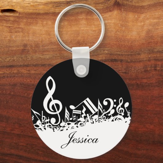 Personalisiert White Jumbled Musical Notes on Blac Schlüsselanhänger (Vorderseite)