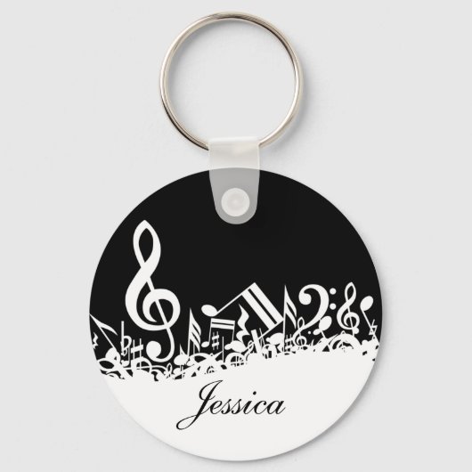 Personalisiert White Jumbled Musical Notes on Blac Schlüsselanhänger (Vorderseite)
