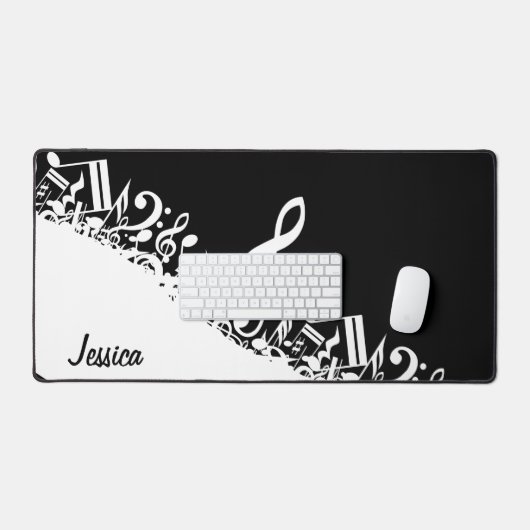 Personalisiert White Jumbled Musical Notes on Blac Schreibtischunterlage (Tastatur & Maus)