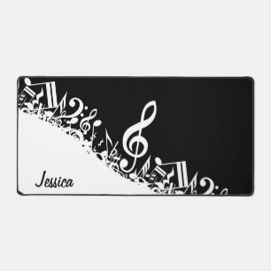 Personalisiert White Jumbled Musical Notes on Blac Schreibtischunterlage