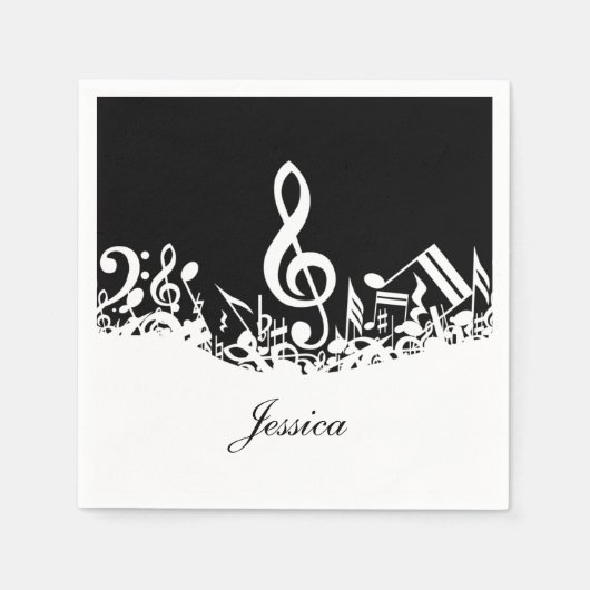 Personalisiert White Jumbled Musical Notes on Blac Serviette (Vorderseite)