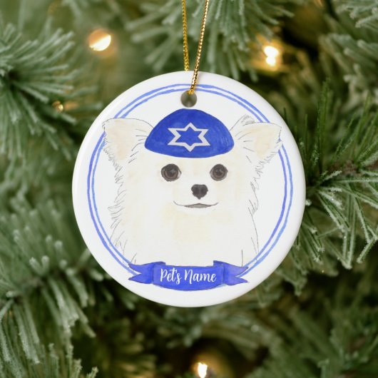 Personalisiert White Long Haaired Chihuahua Hanukk Keramik Ornament (Baum)