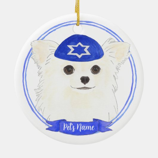 Personalisiert White Long Haaired Chihuahua Hanukk Keramik Ornament (Hinten)