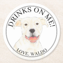 Personalisiert White Pitbull Staffy Dog Wedding Runder Pappuntersetzer