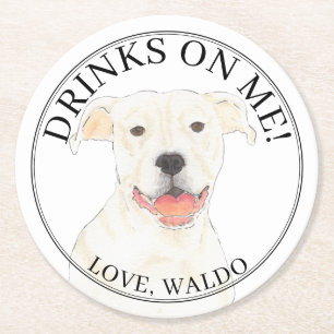Personalisiert White Pitbull Staffy Dog Wedding Runder Pappuntersetzer
