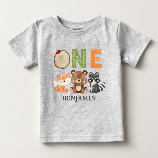 Personalisiert Woodland First Birthday Baby T - Sh Baby T-shirt (Vorderseite)