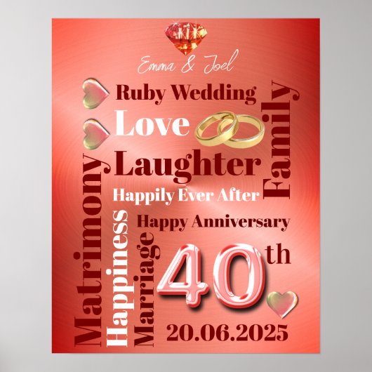 Personalisiert Word Art 40. Hochzeit Poster (Vorne)