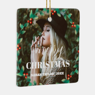 Personalisiert Wreath Frohe Weihnachts-Foto-Script Keramikornament