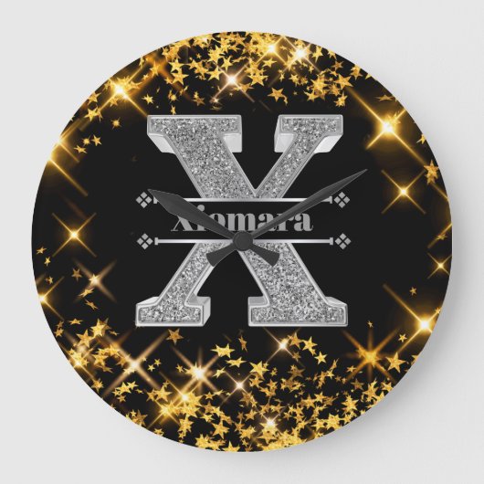 Personalisiert X Initial Silver Monogram Ihr Name Große Wanduhr (Vorderseite)