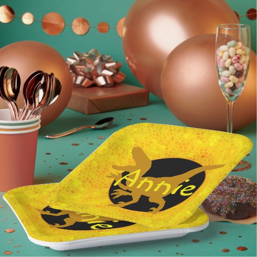 Personalisiert Yellow Dinosaurier Pappteller (Multi)