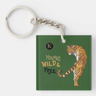 Personalisiert Young Wild Free Tiger Monogram Gree Schlüsselanhänger