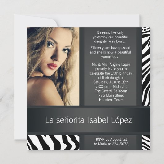Personalisiert Zebra Foto Quinceanera Einladung (Vorderseite)