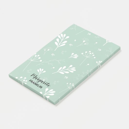 Personalisiert Zuhause Office Soft Green Floral Post-it Klebezettel (angewinkelt)