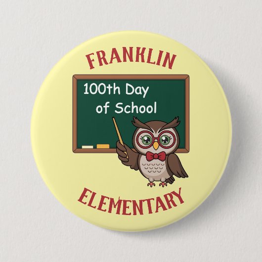 Personalisierte 100. Schultag-Eule und Wandtafel Button (Vorderseite)
