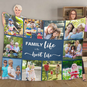Personalisierte 10-Foto-Collage Familienleben Blau Fleecedecke