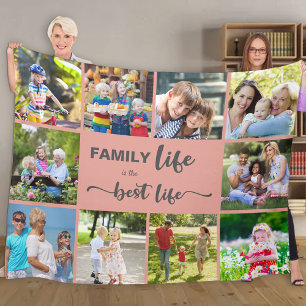 Personalisierte 10-Foto-Collage Familienleben Rosa Fleecedecke
