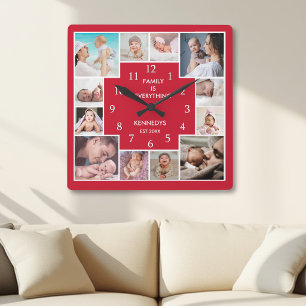Personalisierte 12-Familien-Foto-Collage Rot und W Quadratische Wanduhr