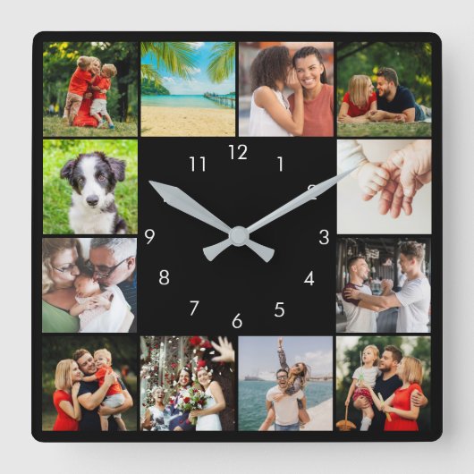 Personalisierte 12-Familienfotografie Schwarz Quadratische Wanduhr (Vorderseite)