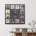 Personalisierte 12 Fotomaterial Frame Chalkboard Quadratische Wanduhr<br><div class="desc">Erstellen Sie Ihre eigene Foto Collage Wand Uhr mit 12 Ihrer Lieblingsfotos. Die Foto-Rahmenuhr hilft Ihnen, Ihre besonderen Momente zu schätzen und macht Eltern, Großeltern und Freunden ein wohlüberlegtes Geschenk. Die personalisierte Familienuhr macht sie zu einem perfekten Geschenk für jeden Anlaß. Personalisieren mit Familienname und feststehendem Datum. Das Zitat "Family...</div>