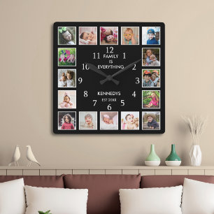 Personalisierte 16-Foto-Collage Familienzitat Schw Quadratische Wanduhr