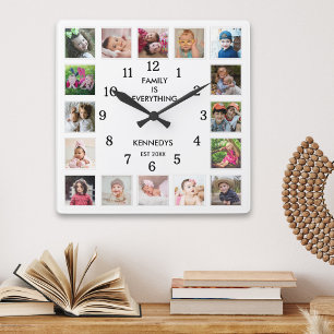 Personalisierte 16-Foto-Collage-Familienzitat Weiß Quadratische Wanduhr