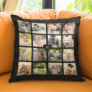 Personalisierte 16-Foto-Collage Monogramm schwarz Kissen