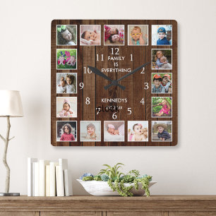 Personalisierte 16-Foto-Collage-Zitat Dunkles Holz Quadratische Wanduhr