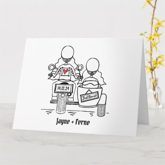 Personalisierte 2 Brides Motorbike & Sidecar Hochz Karte (Gelbe Blume)